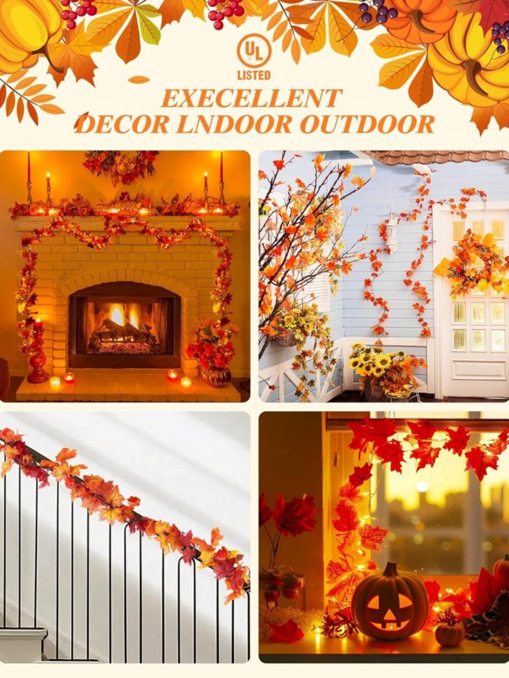 11FT Fall Garland with Lights - 50 Connectable Maple Leaves & Pumpkins - Picture 6 of 9